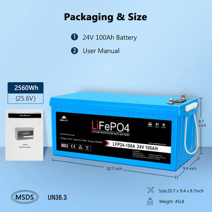 SunGoldPower 24V 100AH LifePO4 Deep Cycle Lithium Battery Bluetooth / Self-Heating / IP65 - Off Grid Stores