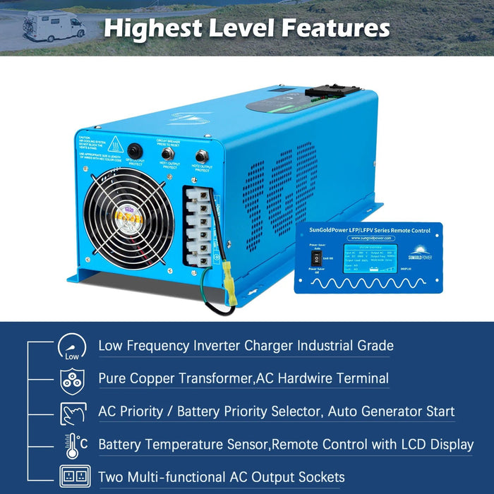 SunGoldPower 6000W DC 48V Split Phase Pure Sine Wave Inverter With Charger UL1741 Standard - Off Grid Stores