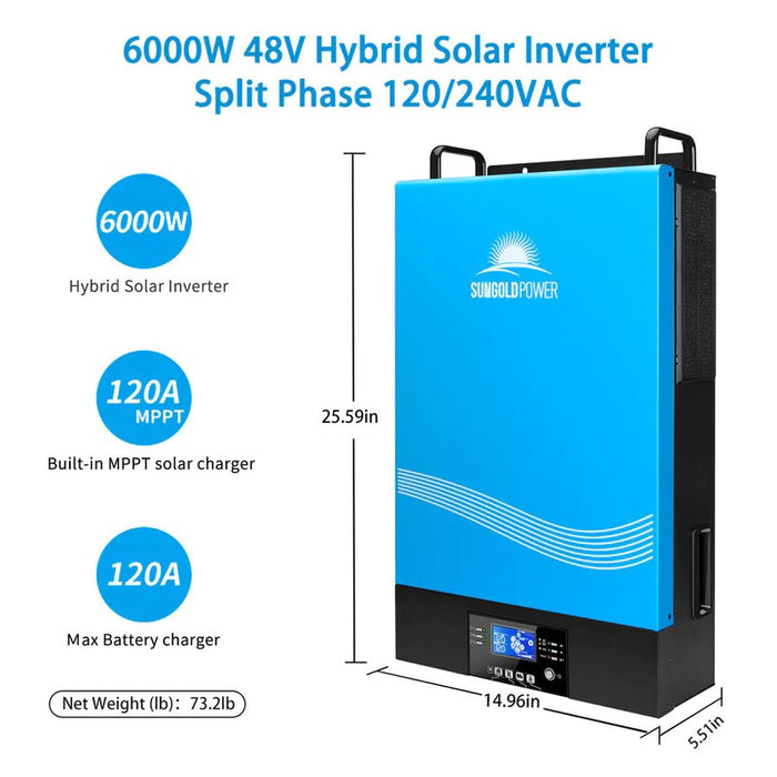 SunGoldPower 6000W 48V Hybrid Solar Inverter Split Phase 120/240VAC (Grid Feedback & Batteryless) - Off Grid Stores