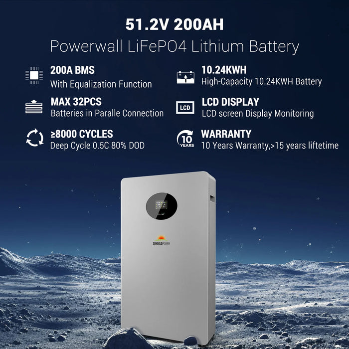 SunGoldPower Powerwall X 51.2V 200AH LiFePO4 Lithium Battery