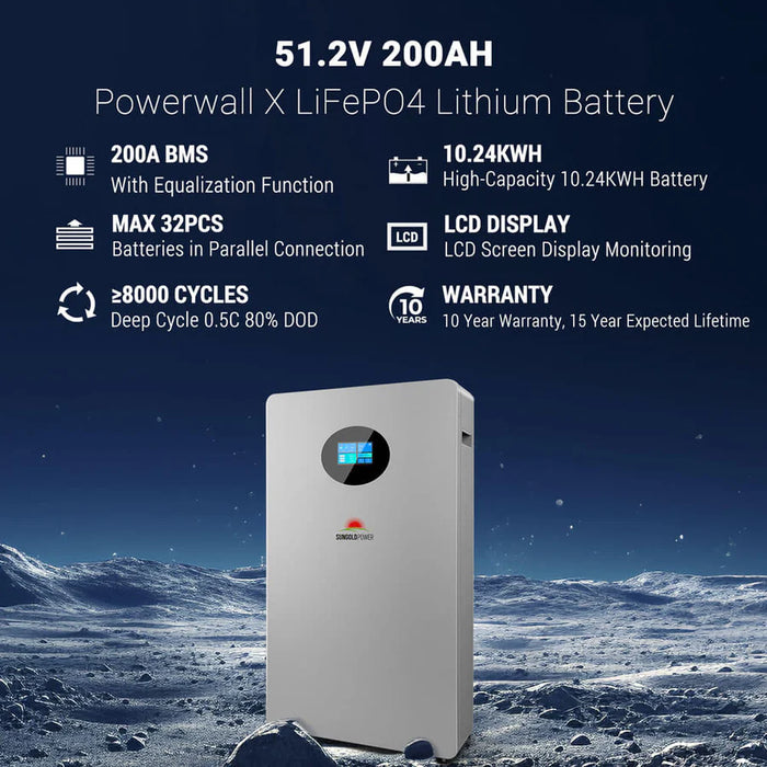 SunGoldPower Powerwall X 51.2V 200AH LiFePO4 Lithium Battery