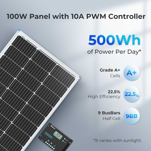 Renogy 100W 12V Monocrystalline Solar Starter Kit With Wanderer 10A Charge Controller