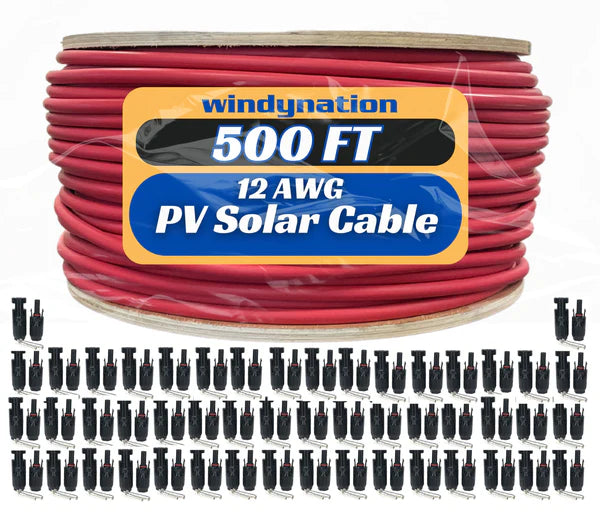 WindyNation 500 Foot Spool 12 Gauge 12 AWG Red Pure Copper Solar Panel Extension Cable Wire