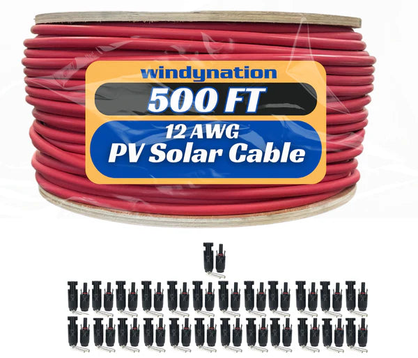 WindyNation 500 Foot Spool 12 Gauge 12 AWG Red Pure Copper Solar Panel Extension Cable Wire