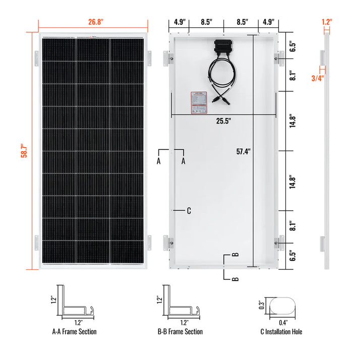 Rich Solar MEGA 200 12V 200W Solar Panel With 2" Brackets