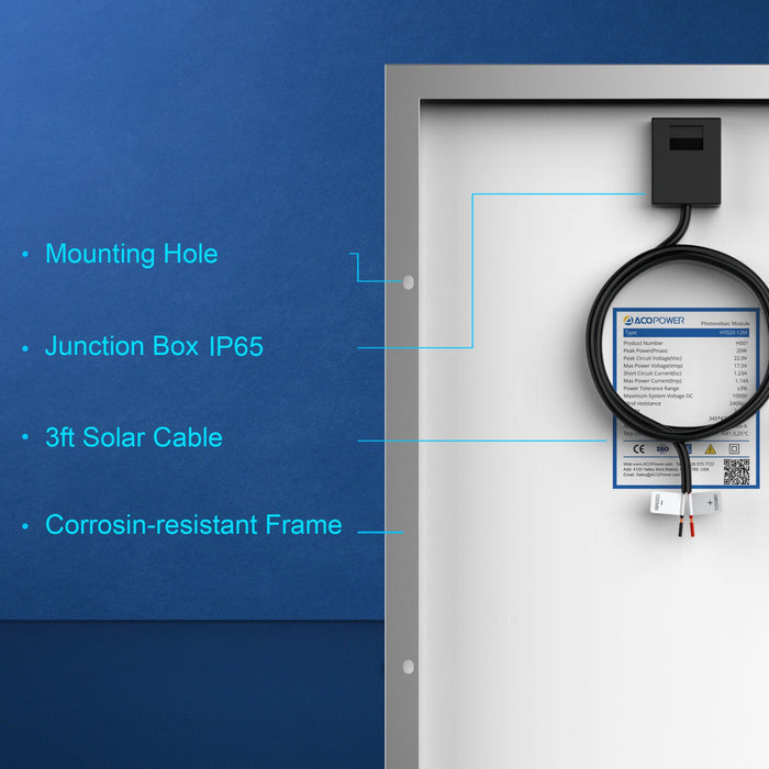 ACOPOWER 20W Monocrystalline Solar Panel For 12V Battery Charging