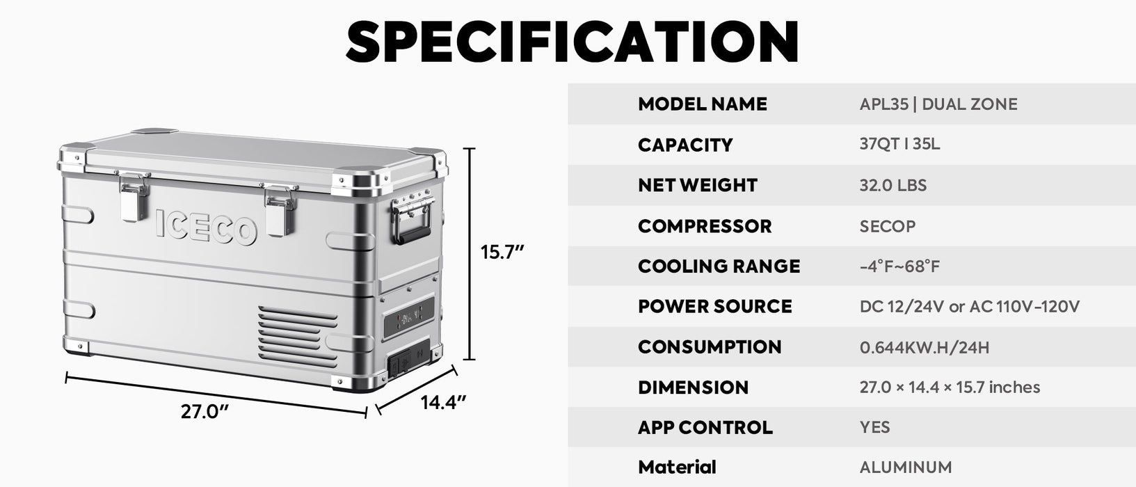 ICECO APL35 35L Ultralight Dual Zone Aluminum Fridge Refrigerator