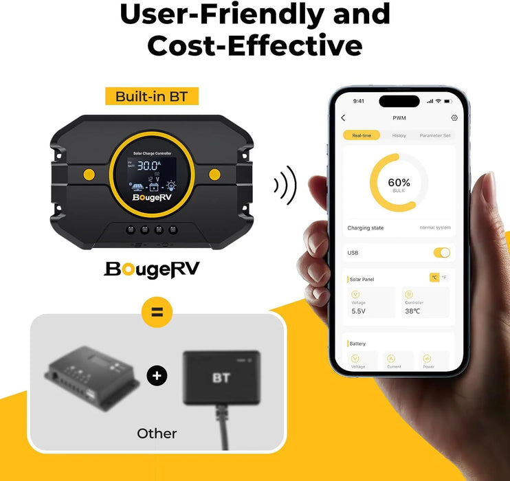 BougeRV 12V/24V Li 30A PWM Solar Charge Controller
