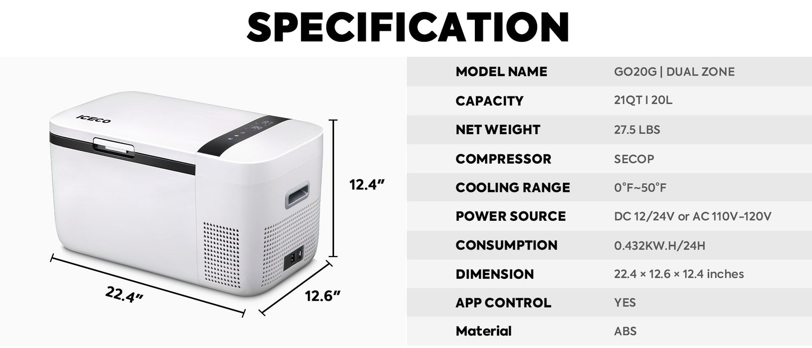 ICECO GO20 20L Dual Zone 12V Portable Freezer