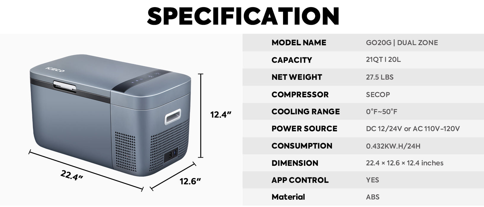 ICECO GO20 20L Dual Zone 12V Portable Freezer