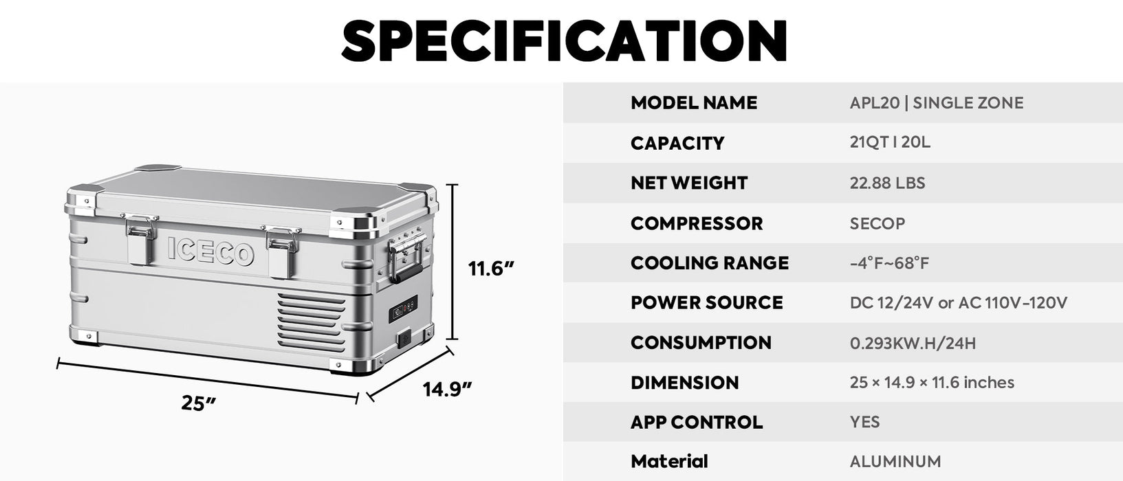 ICECO APL20 20L Light Duty Aluminum Freezer Single Zone