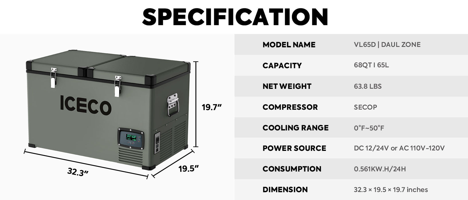 ICECO VL65 65L Dual Zone Portable Fridge Plug In Cooler for Car