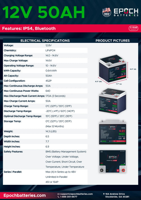 Epoch Batteries 12V 50Ah Bluetooth LiFePO4 Battery