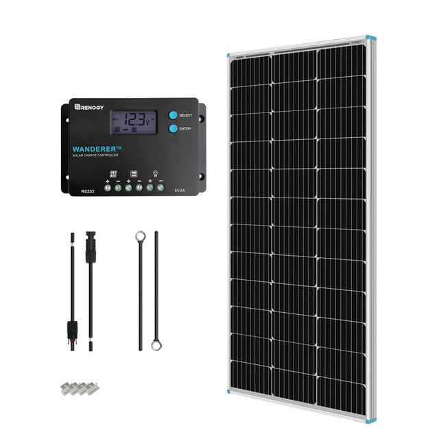Renogy 100W 12V Monocrystalline Solar Starter Kit With Wanderer 10A Charge Controller