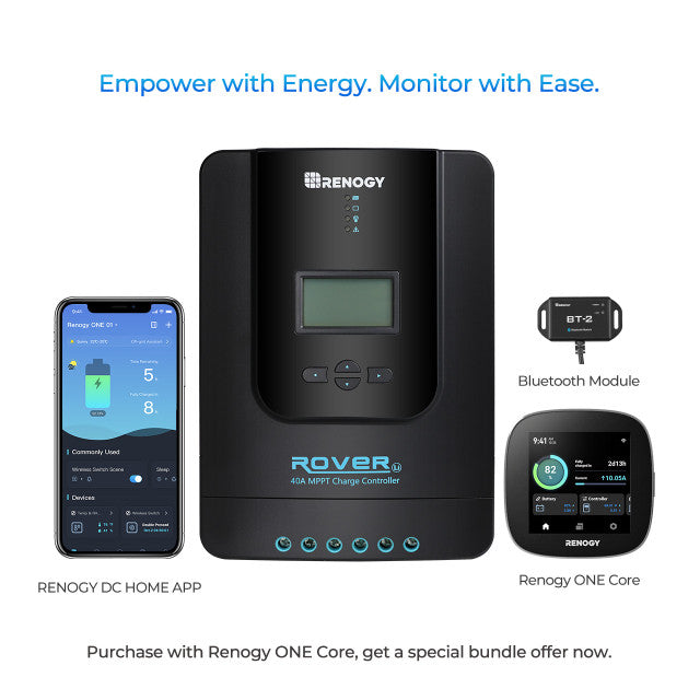 Renogy Rover Li 40 Amp MPPT Solar Charge Controller + Bluetooth Module (BT2) & Renogy ONE Core