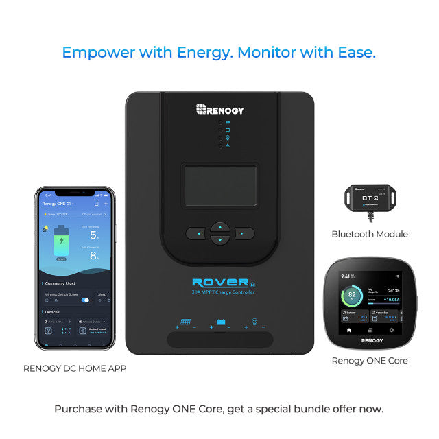 Renogy Rover Li 30 Amp MPPT Solar Charge Controller + Bluetooth Module (G2 Version w/BT2) & Renogy ONE Core