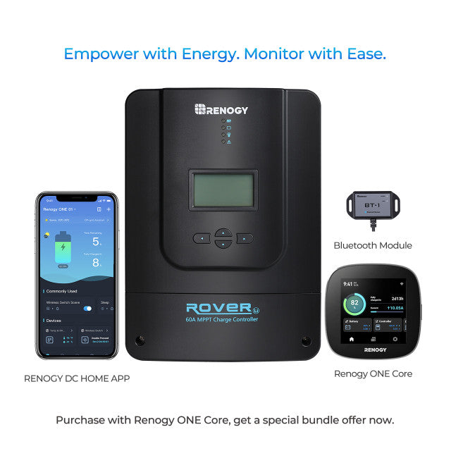Renogy Rover 60 Amp MPPT Solar Charge Controller with BT-1 Bluetooth Module + Renogy One Core