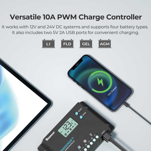 Renogy 100W 12V Monocrystalline Solar Starter Kit With Wanderer 10A Charge Controller