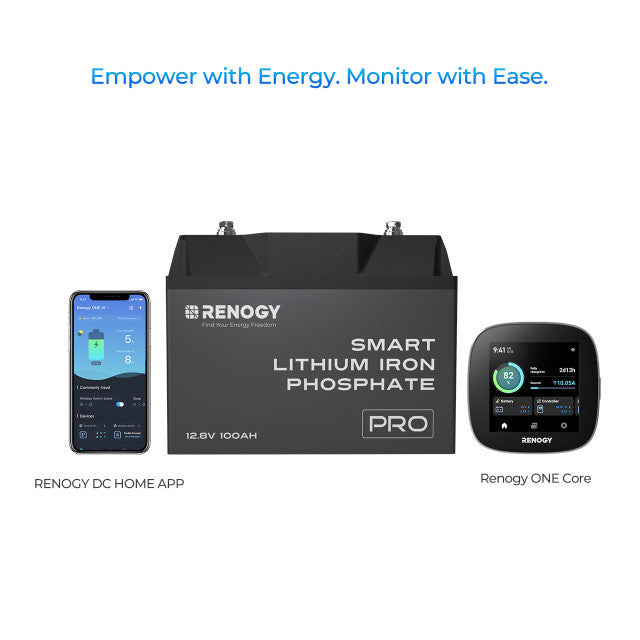 Renogy 12V 100Ah Pro Smart Lithium Iron Phosphate Battery With Bluetooth & Self-heating Function + Renogy ONE Core