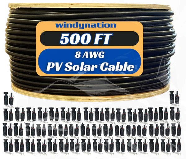 WindyNation 500 Foot Spool 8 Gauge 8 AWG Black Pure Copper Solar Panel Extension Cable Wire