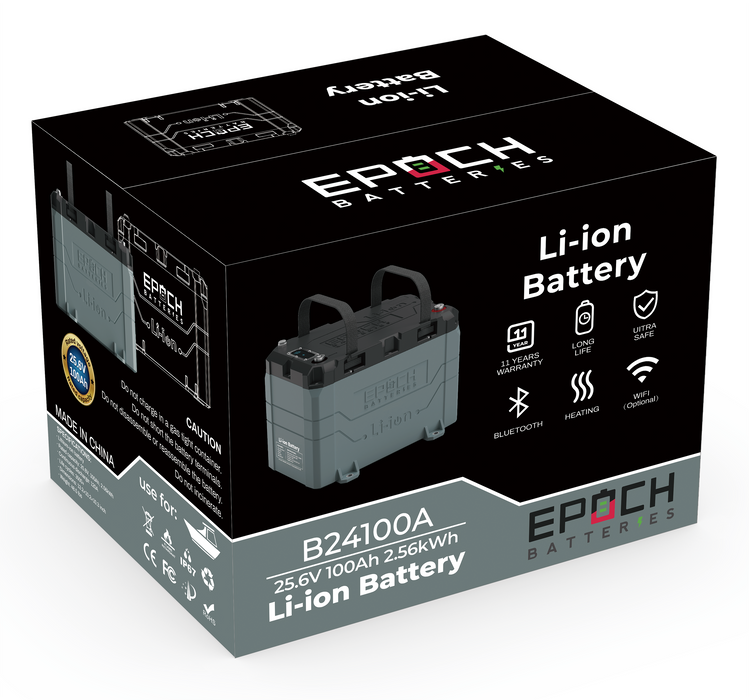 Epoch Batteries 24V 100Ah Bluetooth Heating Waterproof LiFePO4 Battery