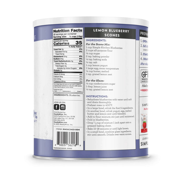 ReadyWise Simple Kitchen Freeze Dried Whole Blueberries 28 Serving Can