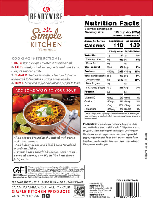 ReadyWise 6-Pack Simple Kitchen 8 Serving Hearty Chili Soup Mix