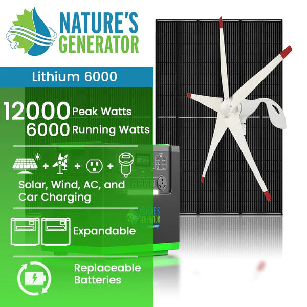 Natures Generator Lithium 6000 Solar Generator With 410W Rigid Solar Panels + Wind Turbine
