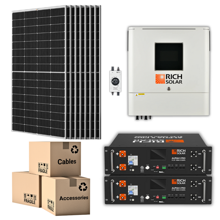 PRO Solar Kit - 48V Battery Bank (5.12kWh-10.24kWh) + 6.5kW 120V Hybrid Inverter + 250W Solar Panels