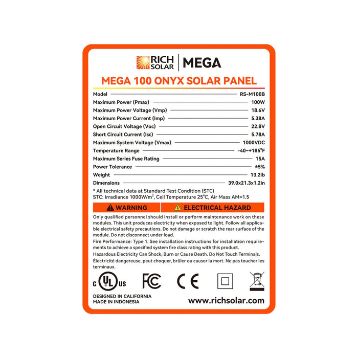 Rich Solar MEGA 100 Watt ONYX Black Monocrystalline Solar Panel