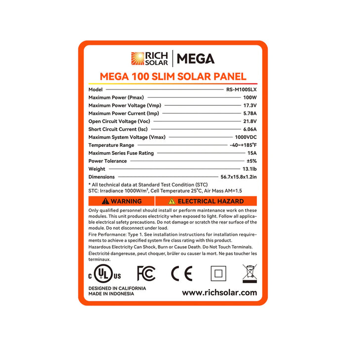 Rich Solar MEGA 100 Watt Slim Monocrystalline Solar Panel