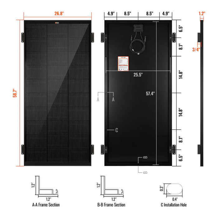 Rich Solar MEGA 200 ONYX 12V 200W Solar Panel With 3/4" Z Brackets