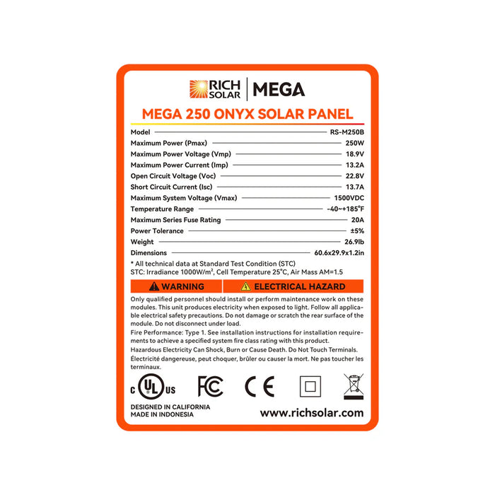 Rich Solar MEGA 250 Watt Monocrystalline Solar Panel UL Certified Black