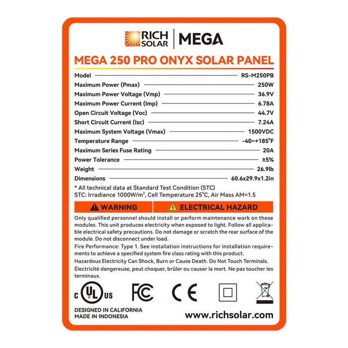 Rich Solar MEGA 250 PRO 250 Watt Monocrystalline Solar Panel UL Certified Black