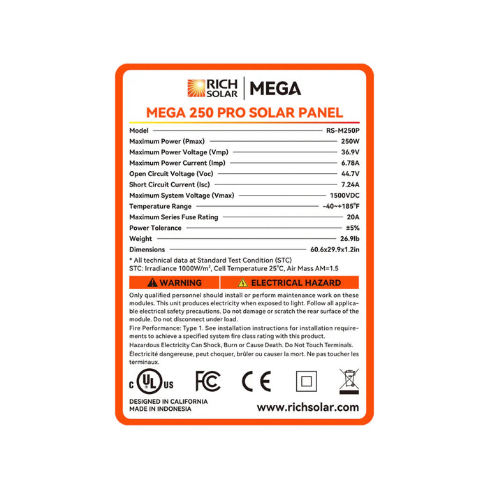 Rich Solar MEGA 250 PRO 250 Watt Monocrystalline Solar Panel UL Certified