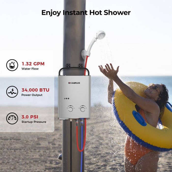 Camplux 5L 1.32 GPM Outdoor Portable Propane Tankless Water Heater - Silver - Off Grid Stores