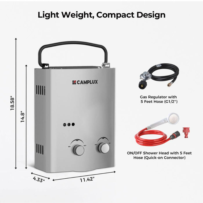 Camplux 5L 1.32 GPM Outdoor Portable Propane Tankless Water Heater - Silver - Off Grid Stores