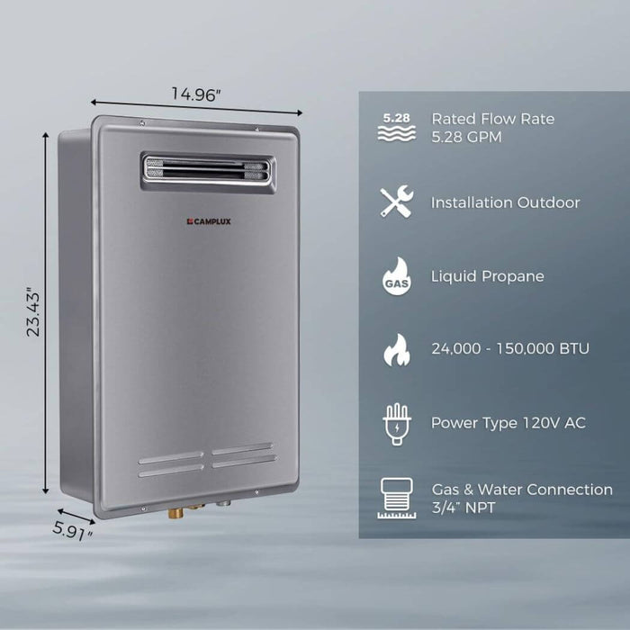 Camplux Whole Home Outdoor Tankless Hot Water Heater 5.28 GPM | Gray - Off Grid Stores