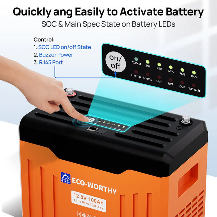 ECO - WORTHY 12V 100AH Lithium Battery with Battery Status Display and 100A BMS with Low - Temp Protection - Off Grid Stores