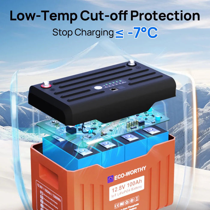 ECO - WORTHY 12V 100AH Lithium Battery with Battery Status Display and 100A BMS with Low - Temp Protection - Off Grid Stores