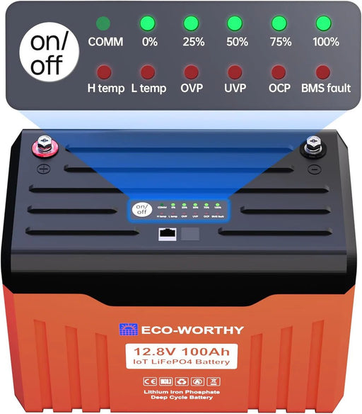 ECO - WORTHY 12V 100AH Lithium Battery with Battery Status Display and 100A BMS with Low - Temp Protection - Off Grid Stores