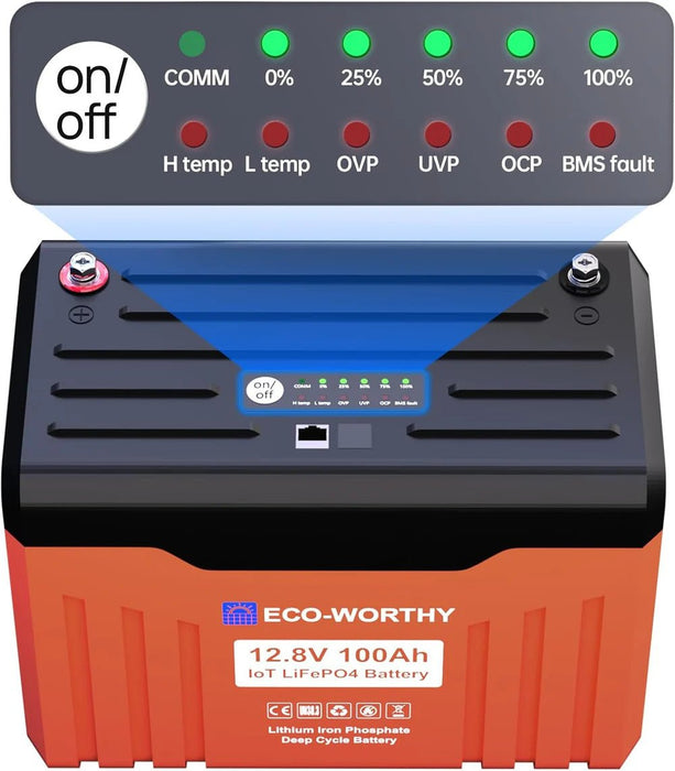 ECO - WORTHY 12V 100AH Lithium Battery with Battery Status Display and 100A BMS with Low - Temp Protection - Off Grid Stores