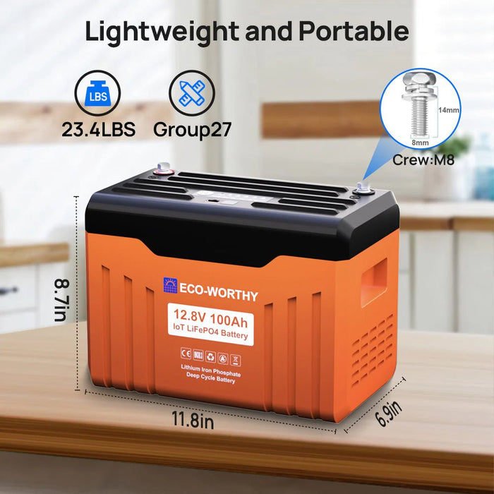 ECO - WORTHY 12V 100AH Lithium Battery with Battery Status Display and 100A BMS with Low - Temp Protection - Off Grid Stores
