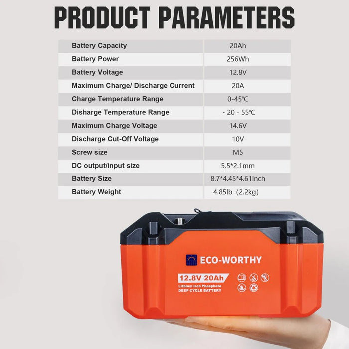 ECO - WORTHY 12V 20Ah Portable LiFePO4 Deep Cycle Rechargeable Battery - Off Grid Stores
