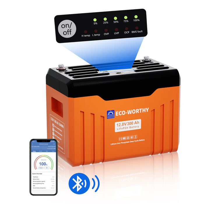ECO - WORTHY 12V 300AH Lifepo4 Lithium Battery Bluetooth With SOC LEDs And Low Temp Protection - Off Grid Stores