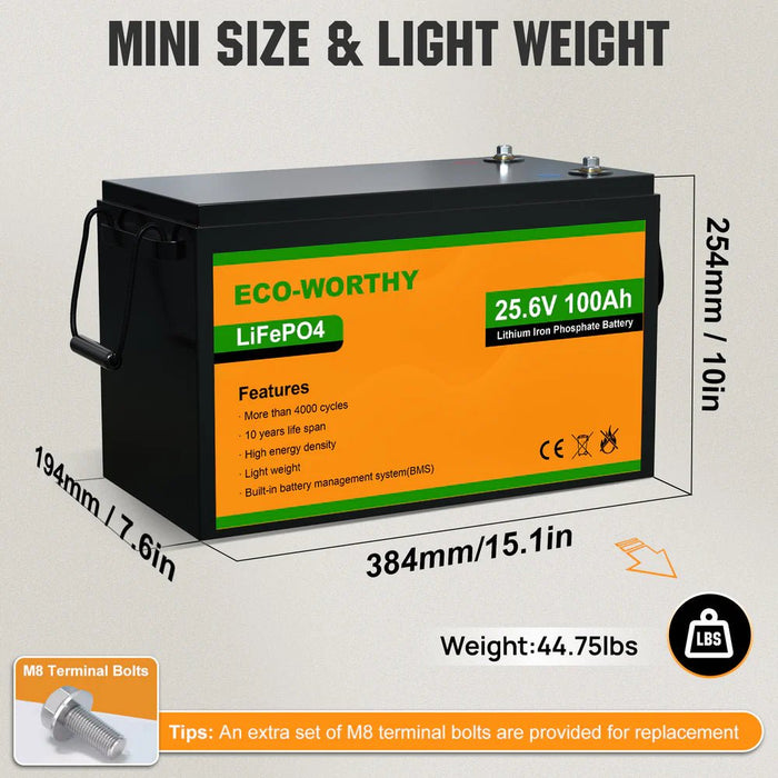 ECO - WORTHY 24V 100Ah Lithium Iron Phosphate Battery - Off Grid Stores