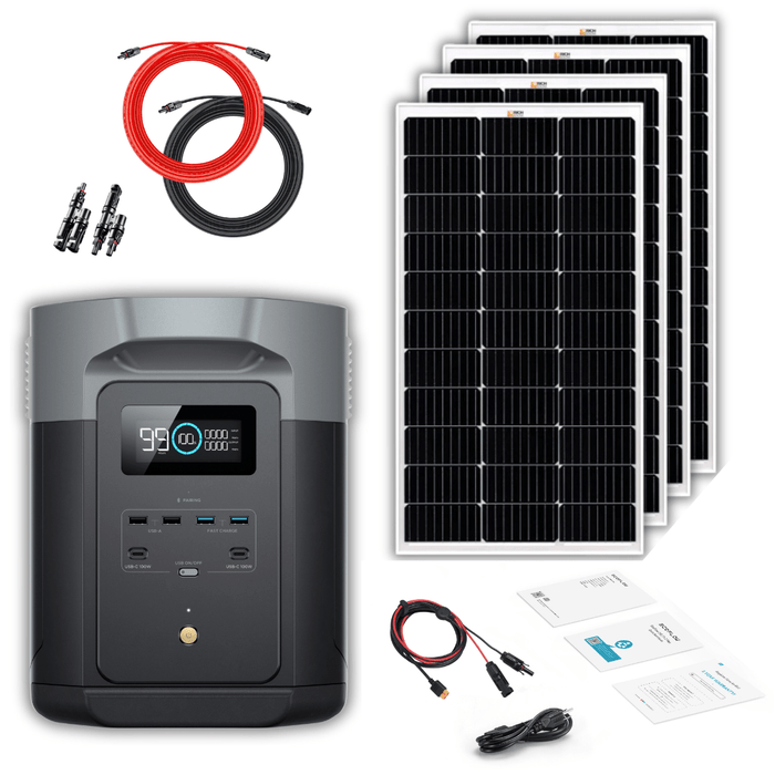 EcoFlow Delta 2 Max 2048Wh 2400W LiFePO4 Solar Generator + 100W Rigid Monocrystalline Solar Panels Kit - Off Grid Stores