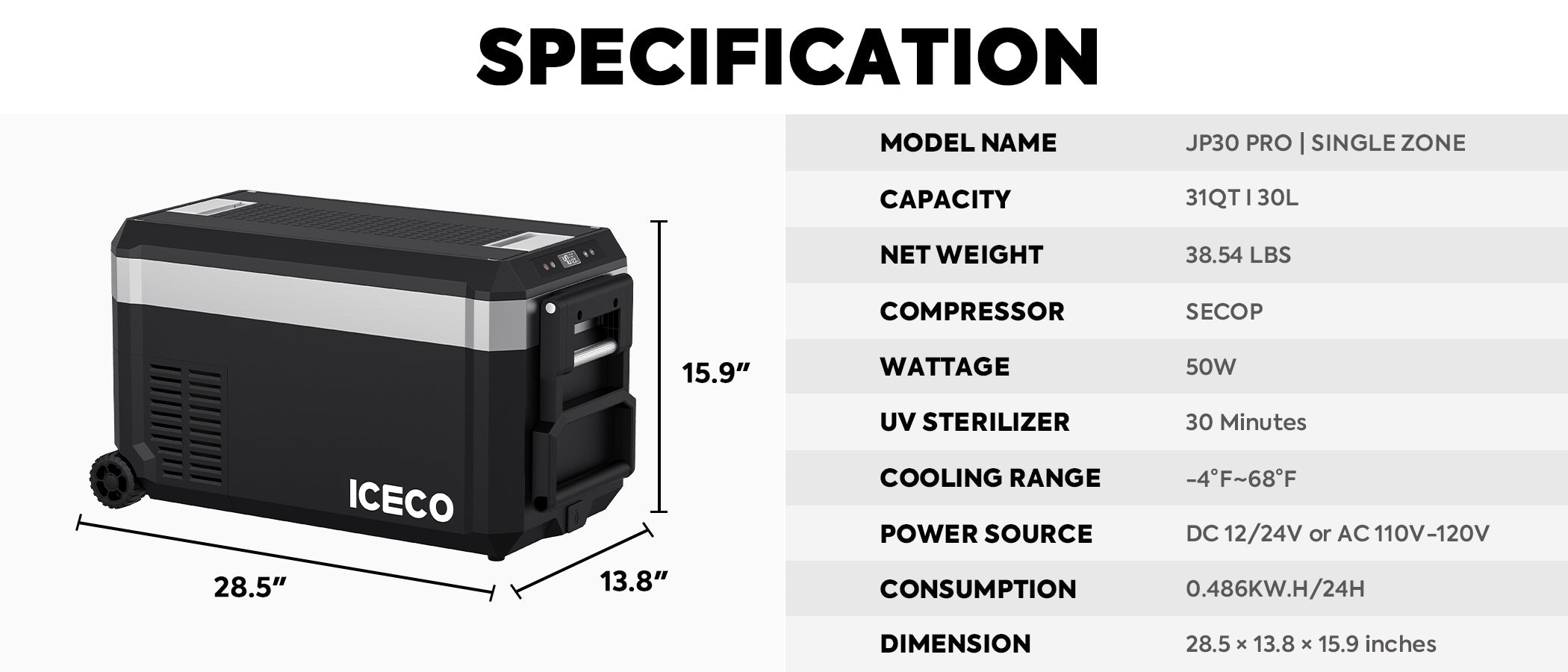 ICECO 30 LT JP30 Pro Single Zone Wheeled Portable Freezer With
