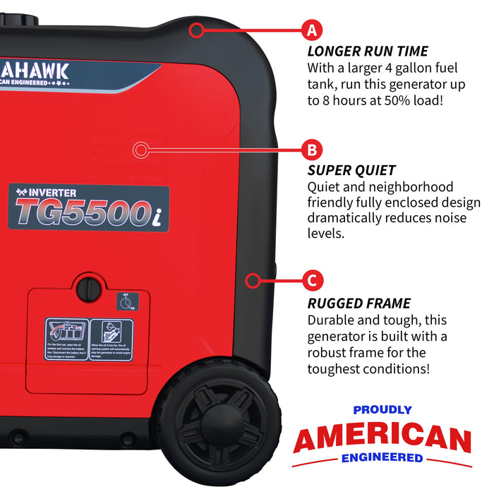 Tomahawk Power 5500 Watt Inverter Generator Super Quiet Portable Gas Power Professional Use