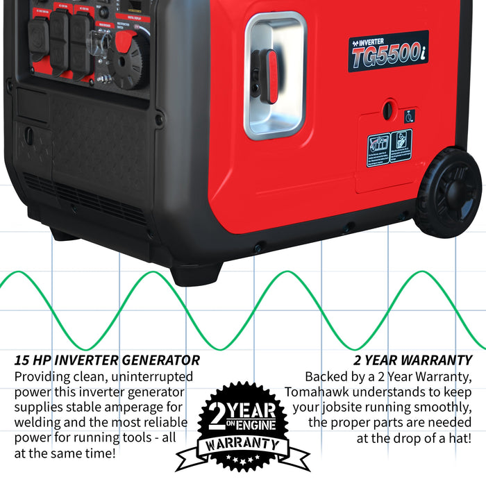 Tomahawk Power 5500 Watt Inverter Generator Super Quiet Portable Gas Power Professional Use